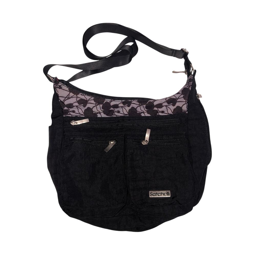 Satchelli Anti Theft RFID Crossbody Travel Bag Hobo Purse Black Floral Accent